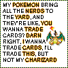 Pixelated text and a Pokémon character on a white background with a multicolored border.