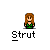 Pixel art of two figures with brown hair and green shirts, one with a white circular head, the other with brown hair, in a with text labels