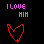 A contact sheet of five animated frames from a pixel art buddy icon featuring pink and red text, heart symbols, and a gray transparency background.
