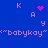 Blue background with pink pixelated text and symbols forming 'babykay' and 'K A y' arrangements, including a heart and sparkles.