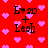 Red background with pink pixelated hearts; four identical text blocks reading 'E+2D + Leah' in black font, arranged in a