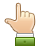 Pixelated hand icon with raised index finger, light skin tone, white cuff, green sleeve, gray background.