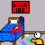 Animated sequence showing a cartoon character cleaning a blue bed with red blanket, yellow mop, and white bucket on gray background.