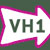 A static icon features a white arrow-shaped speech bubble with a pink border on a dark green background, containing the text 'VH1' in dark green pixelated letters.