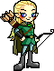 Pixel art character with blonde hair, blue eyes, green tunic, brown cloak, and black boots holding a bow and arrow with a quiver on back.