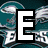 A static image displays the word EAGLES in large white letters over a collage of Philadelphia Eagles football players and logos.