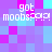 Pixelated text 'got moobs:3:3!' repeated across a of purple and cyan squares with no visible animation changes