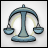 Pixelated icon of a balanced scale with two blue pans, central column, and curved arms on light gray background.