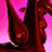 A pixelated static image shows a dark red, curved shape against a pink gradient background with a small red dot near its center.