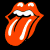 A contact sheet of seven distinct colored versions of the Rolling Stones' iconic tongue-and-lips logo, each with white teeth and a visible tongue, arranged in a 3x3 grid on a black background with one gray transparency placeholder.