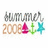 Pixelated 'summer 2008' text with pink sailboat, green anchor, and cyan star icons on white background.