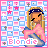 Pixel art contact sheet showing two animated frames of a blonde character with closed eyes, pink bow, and blue headband against a checkered background with stars and crosses.