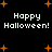 Black background with orange starbursts and repeated 'Happy Halloween!' text in white pixelated font.