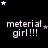 Black background with white pixelated text 'meterial girl!!!' repeated in a , surrounded by small stars that change position across frames
