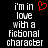 Black background with white pixelated text reading "i'm in love with a fictional character" and a red pixelated heart symbol above the word "love".