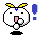 Pixel art contact sheet showing two frames of a white round character with yellow antennae and blue gem, one frame with open mouth and pink tongue, the other smiling with hand near face.