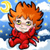 Pixelated cartoon character with orange hair and red outfit floating against blue sky background with clouds and yellow sun-like shape.