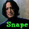 A static image of a person with long dark hair wearing a dark high-collared shirt with light stripes on the shoulders, with green text reading "Snape" overlaid at the bottom.