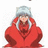 Pixelated character in red robe with white hair and hood, set against split background of white and red containing text