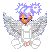 Pixelated static icon of a cartoon angel with orange face, purple hair, and gray wings against white background.