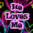 Animated buddy icon with text "He Loves Me" in pink outlined letters over a black background with neon lines, transitioning to "He Just Forgot!" on a white background with heart outlines.