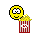 Yellow pixelated face with wide eyes and a neutral mouth holds red-and-white striped popcorn bucket filled with yellow popcorn, showing multiple expressions including smiling, winking, eating, and surprised.