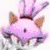 Pixelated anime-style character with pink fur and rabbit ears, surrounded by hearts and text overlays in purple and pink hues.