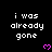 Pixelated text "i was already gone" repeated across a black background with pink heart symbols, partially obscured by a gray overlay in the bottom-right corner.