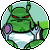 Green cartoon alien with red eyes, purple shoulder pads, and white underpants holds a fork in one frame; another shows the same character with 'POW!' text overlay.
