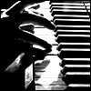 Black-and-white pixelated image of a figure with outstretched arms holding an object, positioned next to horizontal striped bars.