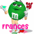 Green M&M character holding a green glass and red flowers with 'frances' text below in pink, red, or green.