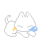 Pixel art cat with closed eyes and orange whiskers holding a blue fish-shaped object with a white star, in various poses including sitting, standing, and holding paws up.