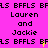 A static image with a bright pink background displaying repeated text in black pixelated font, including "Lauren and Jackie" and partial "BFLS BALS BFLLS" sequences.