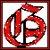 Two side-by-side animated frames of a red and black stylized logo on white background with dark border, showing sequential motion in the circular element.