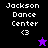 Pixelated text 'Jackson Dance Center' with '<3' symbol and star icon on black, purple, and dark purple backgrounds.