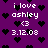 Purple background with scattered black heart shapes and white text reading "i love ashley <3 3.12.08" in two identical sections.