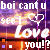 Animated contact sheet of a pixelated buddy icon featuring text and heart symbols over a purple-orange gradient background with vertical glitch effects.