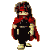 Pixelated character with red hooded cloak and black outfit in three of three poses showing head turns, arm shifts, and hand gestures