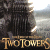 Two-frame contact sheet showing a dark figure with long hair and a golden trophy-like object against a misty landscape background, both frames labeled "TWO TOWERS" in gold text.