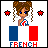 Pixel art animation of a cartoon girl with brown pigtails and blue eyes standing behind the French flag, showing three frame variations with star color changes.