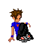 Pixel art character in blue shirt with orange 'T' holds black bag with red and white details, standing against white background with musical note animation.