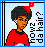 Pixel art buddy icon of a person with dark curly hair wearing a red shirt and Santa hat, standing beside mirrored text on light blue background.
