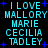 Pixelated cyan text on black background with blue star accents, repeating 'I LOVE MALLORY MARIE CECILIA TADLEY' in two with slight animation shifts