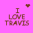 Pixelated brown text "I LOVE TRAVIS" on bright pink background with animated heart and starburst symbols above text.