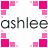 Pixelated text 'ashlee' centered within a pink square border on white background, with varying shades of pink squares forming the frame.