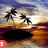 Animated beach sunset scene with palm trees, island silhouette, and changing text labels in colored boxes.