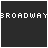 Pixelated text 'BROADWAY' spans horizontally across a dark background, with a small white heart symbol appearing in the bottom-right corner of one frame.