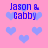 Pixelated pink background with blue hearts and repeated 'Jason & Gabby' text in blue pixel font.
