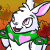 Animated contact sheet of a white cybunny character with pink ears and green armor, surrounded by autumn leaves in various poses against an orange gradient background.