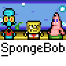 Pixel art contact sheet showing three frames of a SpongeBob SquarePants animated buddy icon with character sprites and text labels.